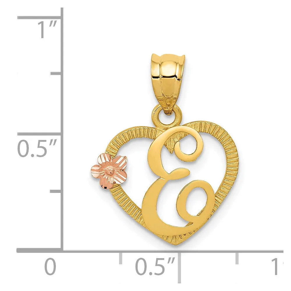 14k Two-Tone Heart Letter E Initial Pendant