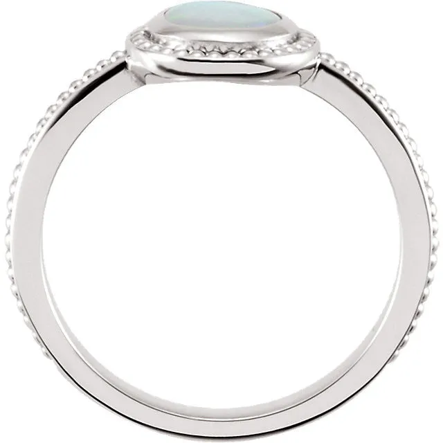 14k White Gold Round Genuine Australian Opal Beaded Design Ring