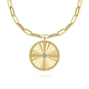 14K Yellow Gold Textured 0.05Ct Diamond Medallion Hollow 18 Inch Chain Necklace