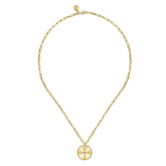 14K Yellow Gold Textured 0.05Ct Diamond Medallion Hollow 18 Inch Chain Necklace