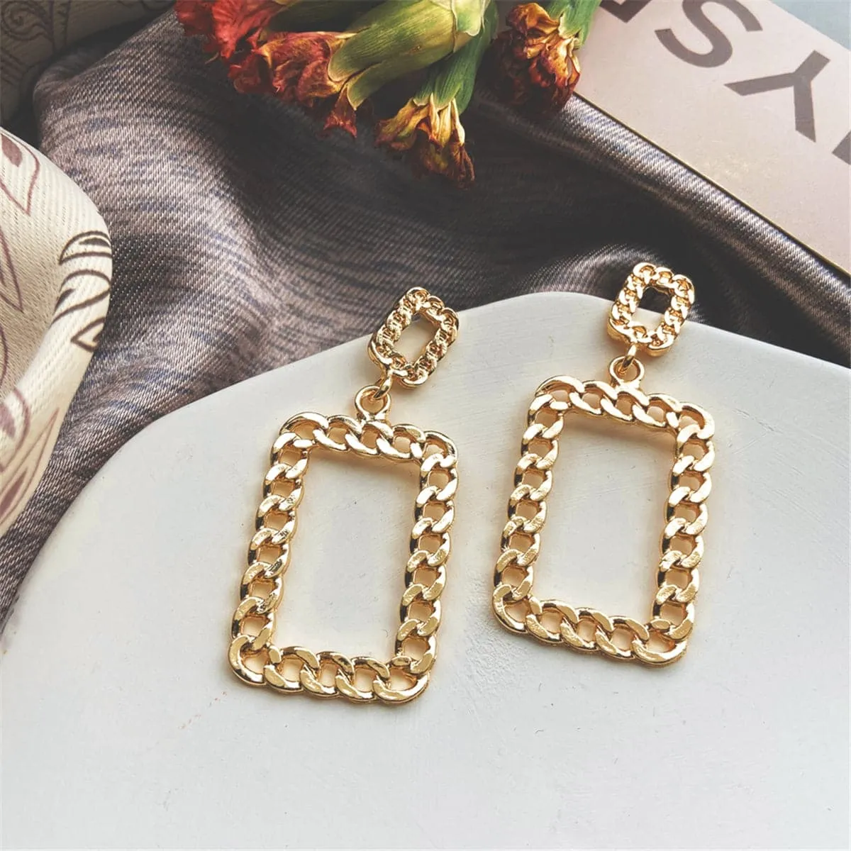 18K Gold-Plated Open Figaro Rectangle Drop Earring