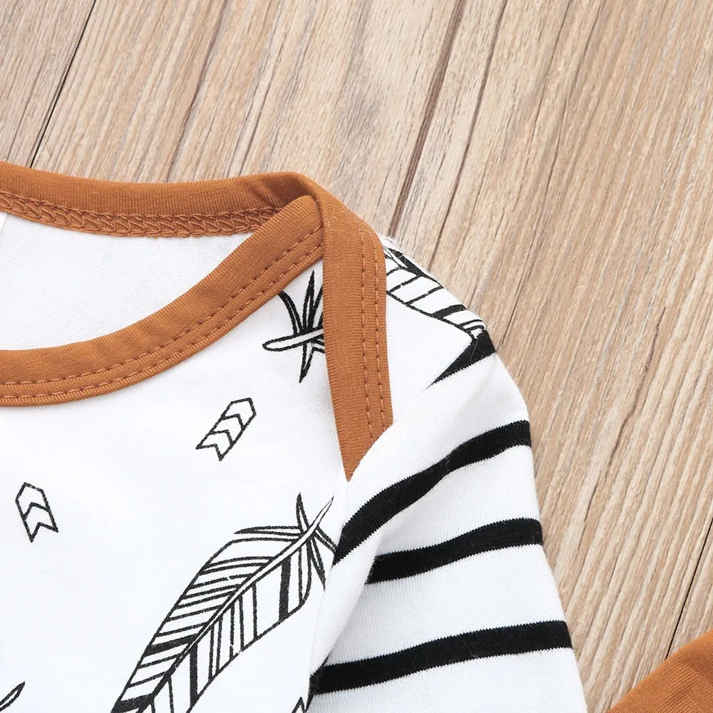3Pcs Baby Boy Girl Clothes Feather T shirt Tops Striped Pants Clothes Outfits Set