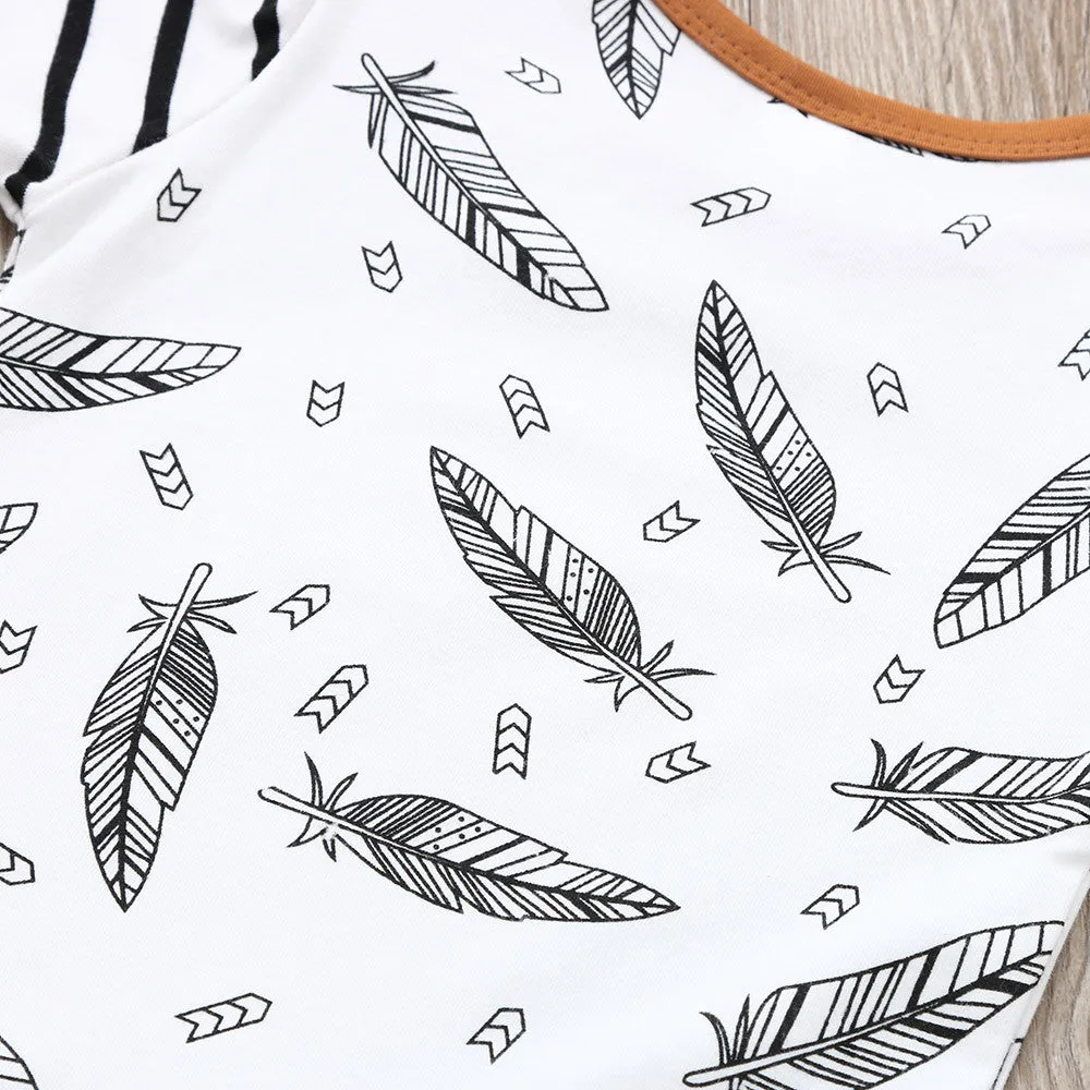 3Pcs Baby Boy Girl Clothes Feather T shirt Tops Striped Pants Clothes Outfits Set