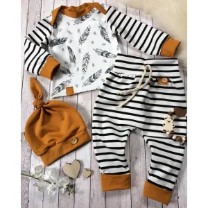 3Pcs Baby Boy Girl Clothes Feather T shirt Tops Striped Pants Clothes Outfits Set