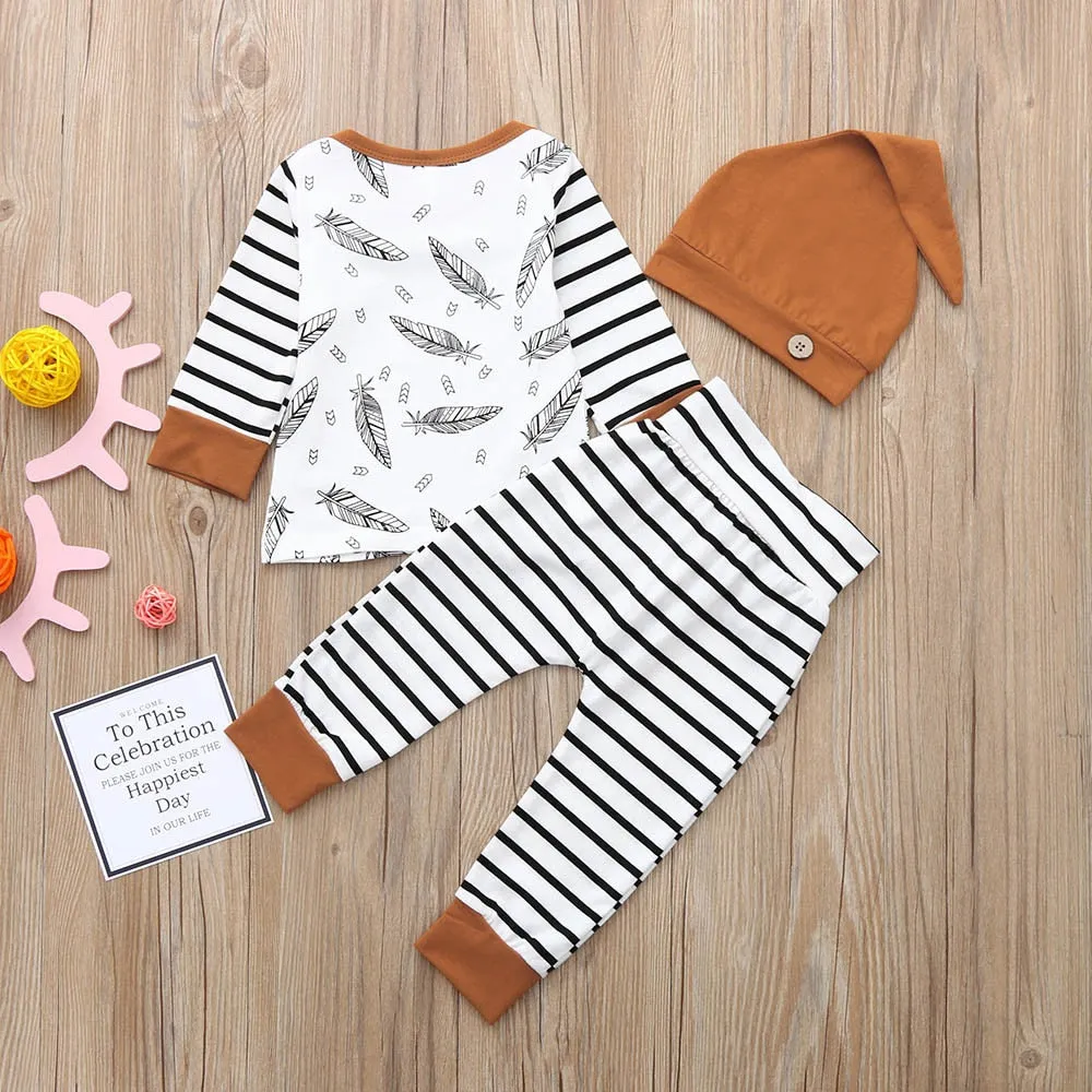 3Pcs Baby Boy Girl Clothes Feather T shirt Tops Striped Pants Clothes Outfits Set
