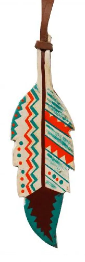 5" painted leather tie on feather with Southwest design.