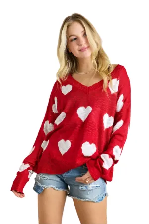 ADORA Full Size Heart V-Neck Knit Top Plus Size
