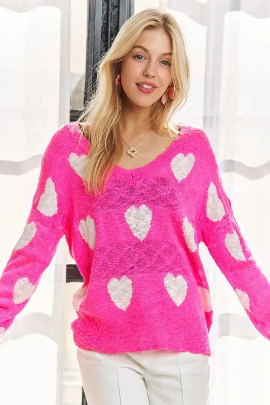 ADORA Full Size Heart V-Neck Knit Top Plus Size