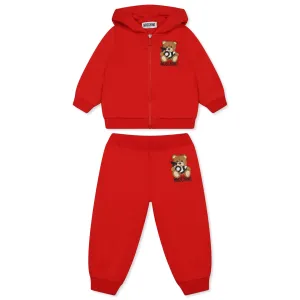BABY ZIP UP HOODED SWEATSUIT W TOY BEAR PRINT