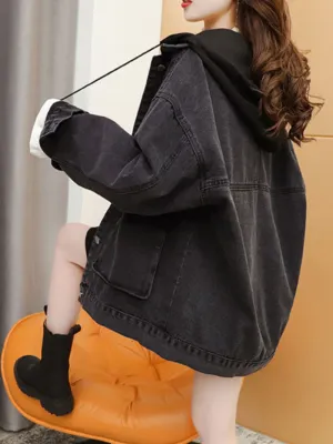 BerryBetty - Streetwear Black Denim Jackets Women Korean Fashion Patchwork Hooded Spring Jacket Casual Chaquetas Veste En Jeans Pour Femme