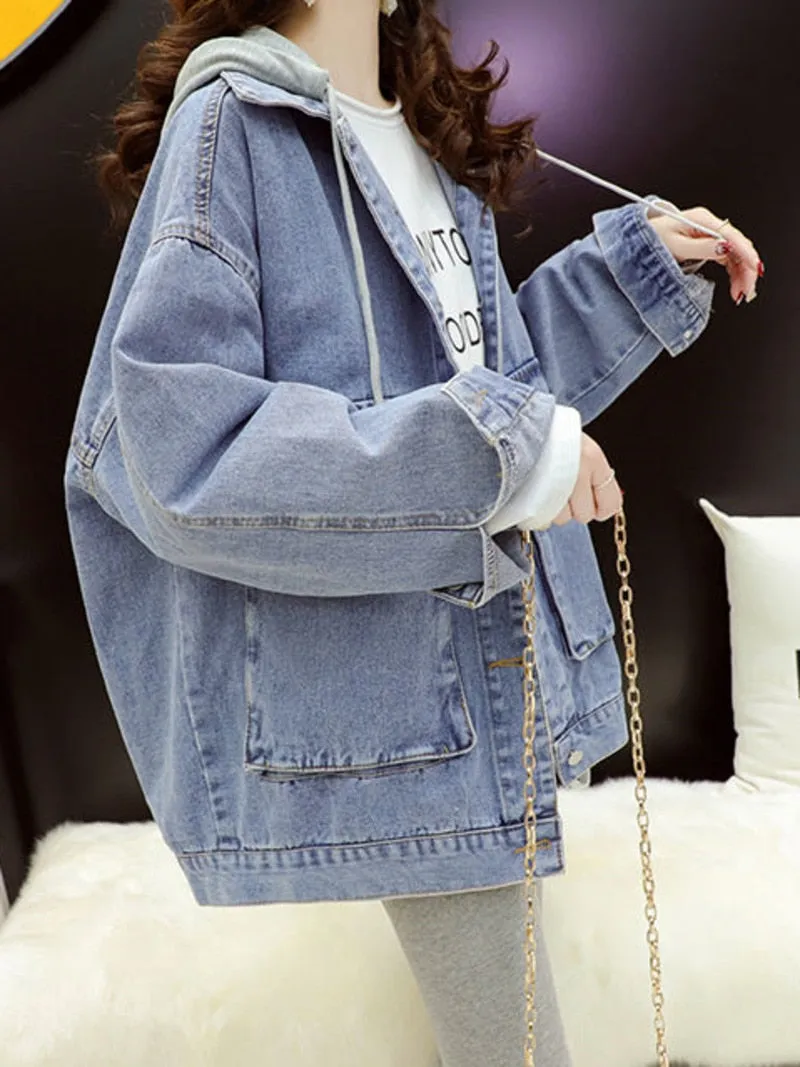 BerryBetty - Streetwear Black Denim Jackets Women Korean Fashion Patchwork Hooded Spring Jacket Casual Chaquetas Veste En Jeans Pour Femme