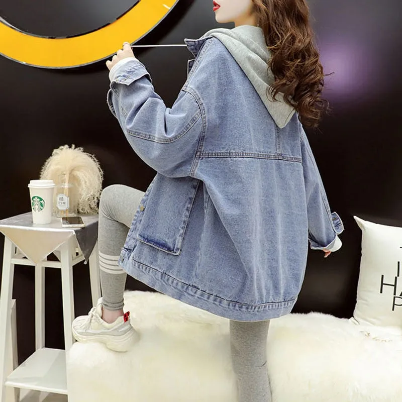 BerryBetty - Streetwear Black Denim Jackets Women Korean Fashion Patchwork Hooded Spring Jacket Casual Chaquetas Veste En Jeans Pour Femme