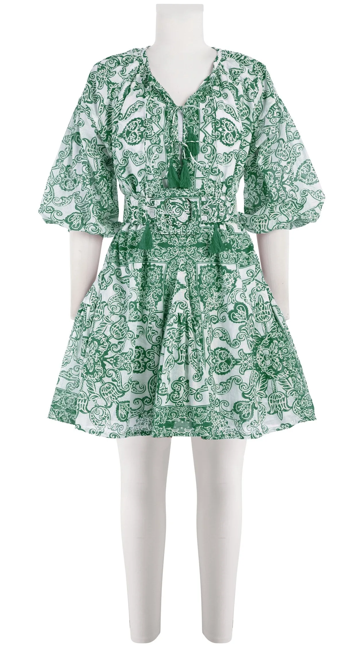 Birdy Dress Crew Neck 3/4 Sleeve with Hamilton Belt Mini Length Cotton Musola (Casanova Bandana)