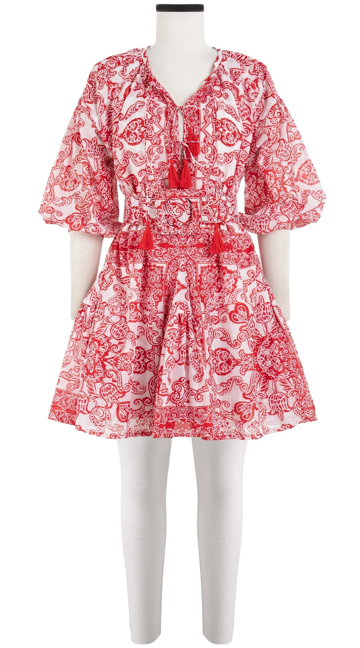 Birdy Dress Crew Neck 3/4 Sleeve with Hamilton Belt Mini Length Cotton Musola (Casanova Bandana)
