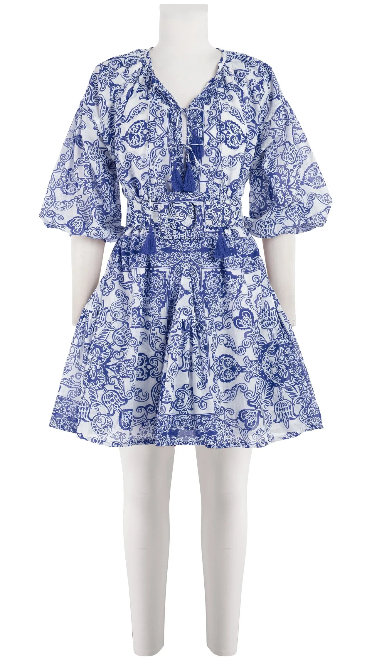 Birdy Dress Crew Neck 3/4 Sleeve with Hamilton Belt Mini Length Cotton Musola (Casanova Bandana)