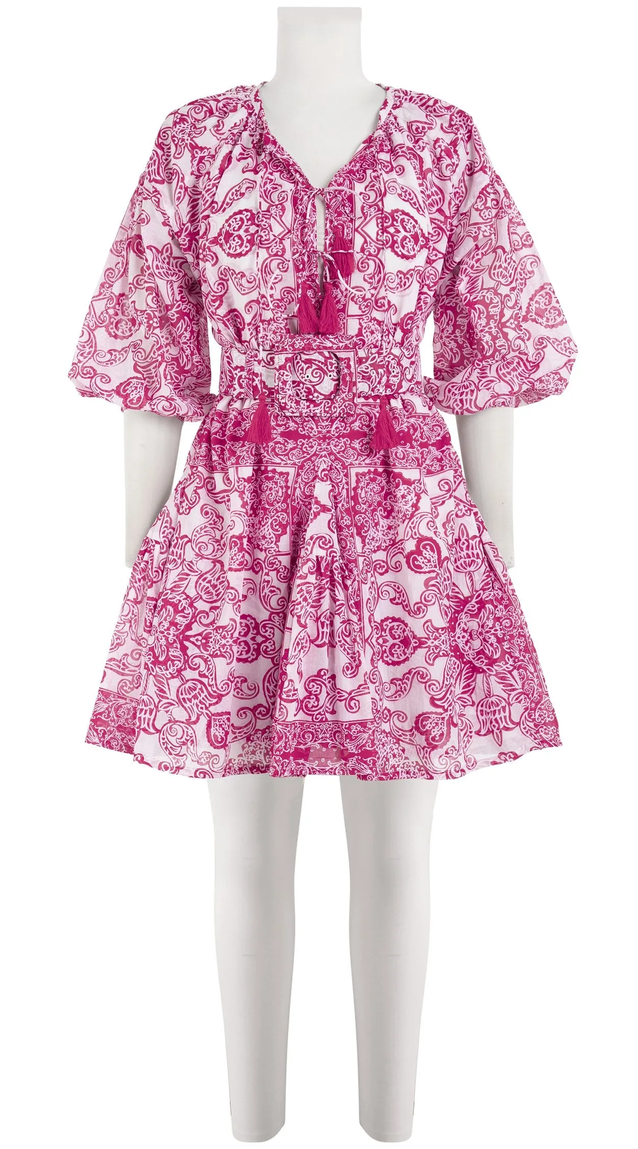 Birdy Dress Crew Neck 3/4 Sleeve with Hamilton Belt Mini Length Cotton Musola (Casanova Bandana)
