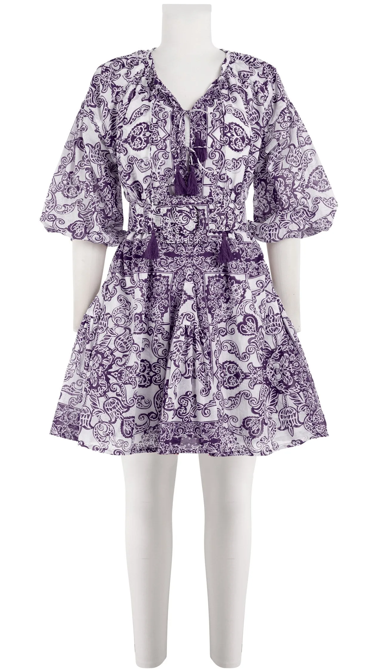 Birdy Dress Crew Neck 3/4 Sleeve with Hamilton Belt Mini Length Cotton Musola (Casanova Bandana)
