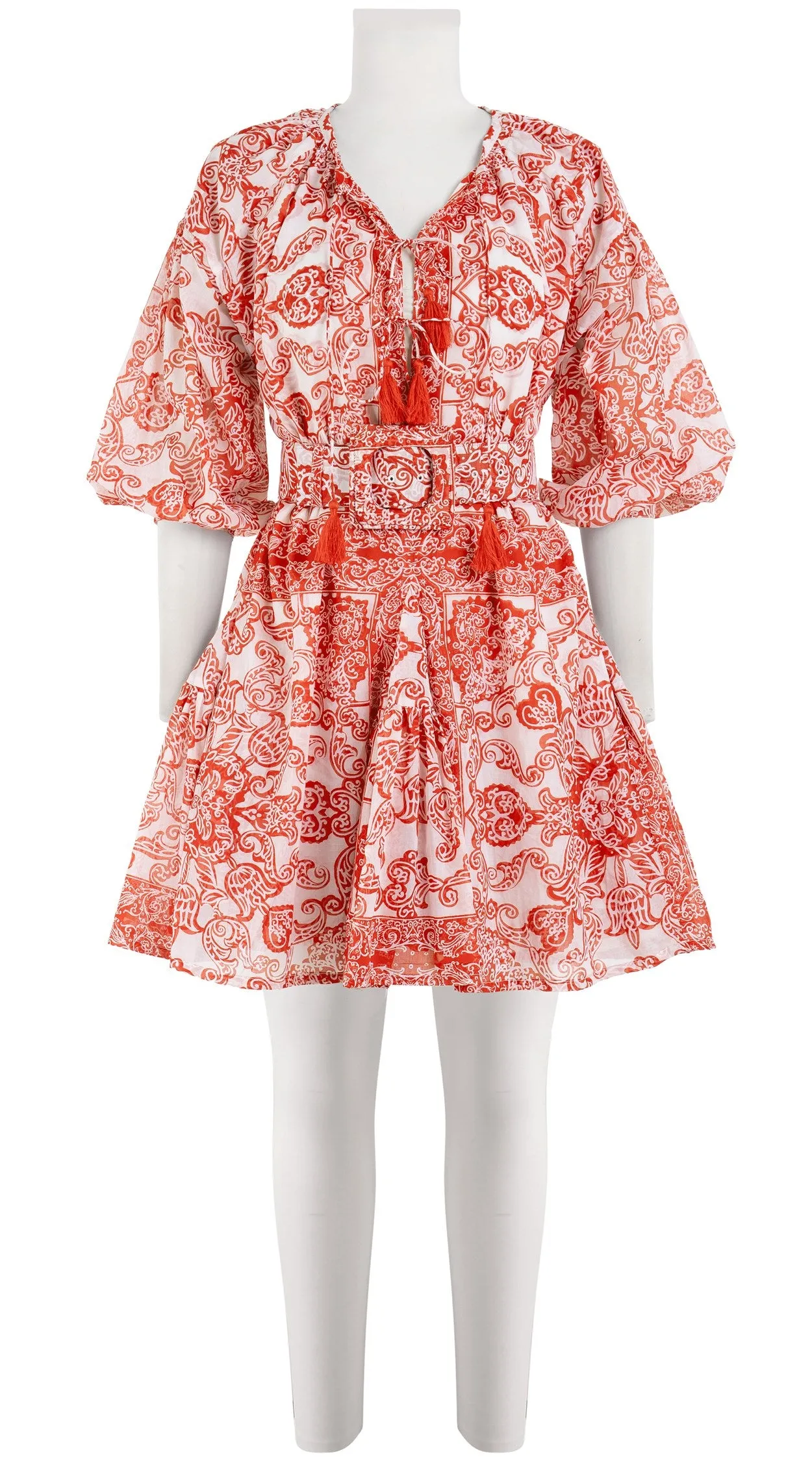 Birdy Dress Crew Neck 3/4 Sleeve with Hamilton Belt Mini Length Cotton Musola (Casanova Bandana)