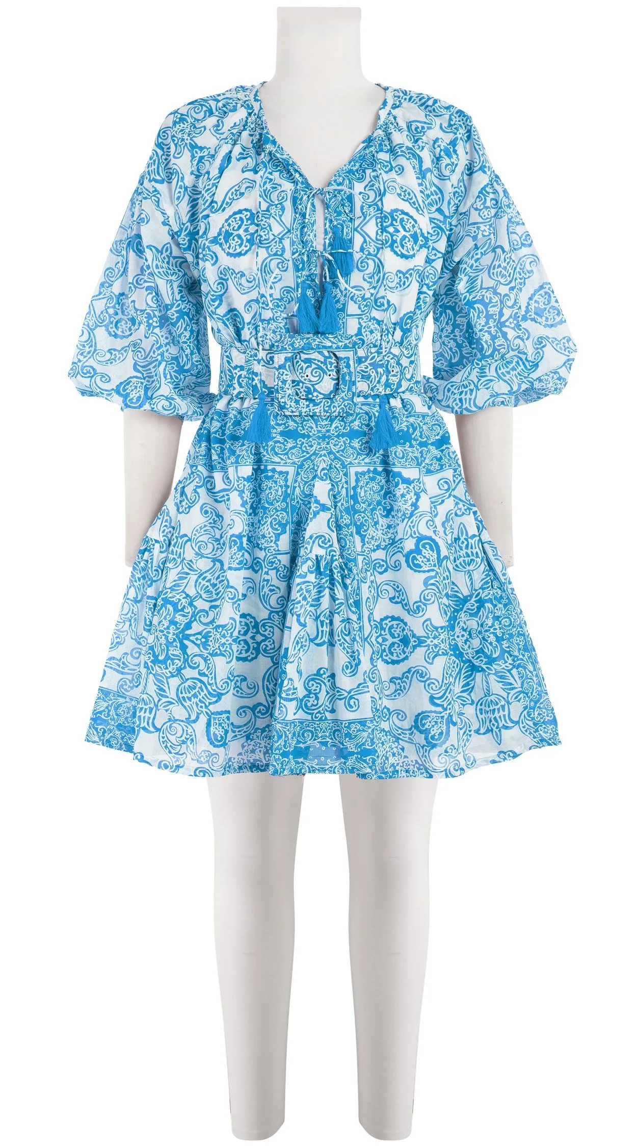 Birdy Dress Crew Neck 3/4 Sleeve with Hamilton Belt Mini Length Cotton Musola (Casanova Bandana)