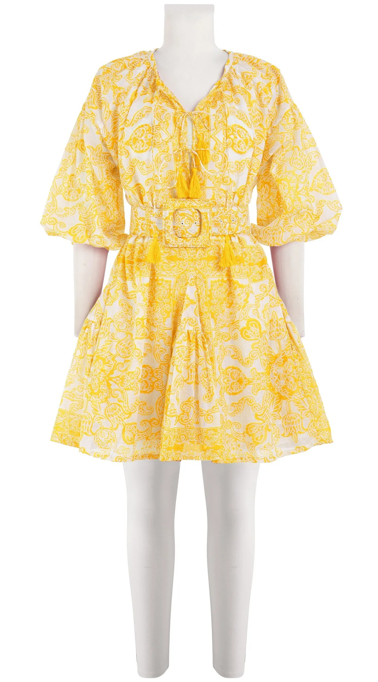 Birdy Dress Crew Neck 3/4 Sleeve with Hamilton Belt Mini Length Cotton Musola (Casanova Bandana)
