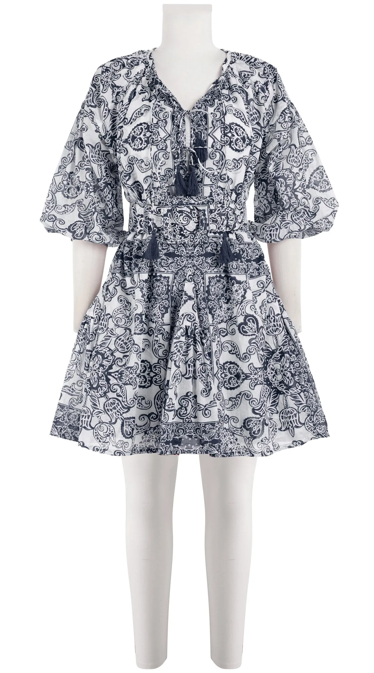 Birdy Dress Crew Neck 3/4 Sleeve with Hamilton Belt Mini Length Cotton Musola (Casanova Bandana)