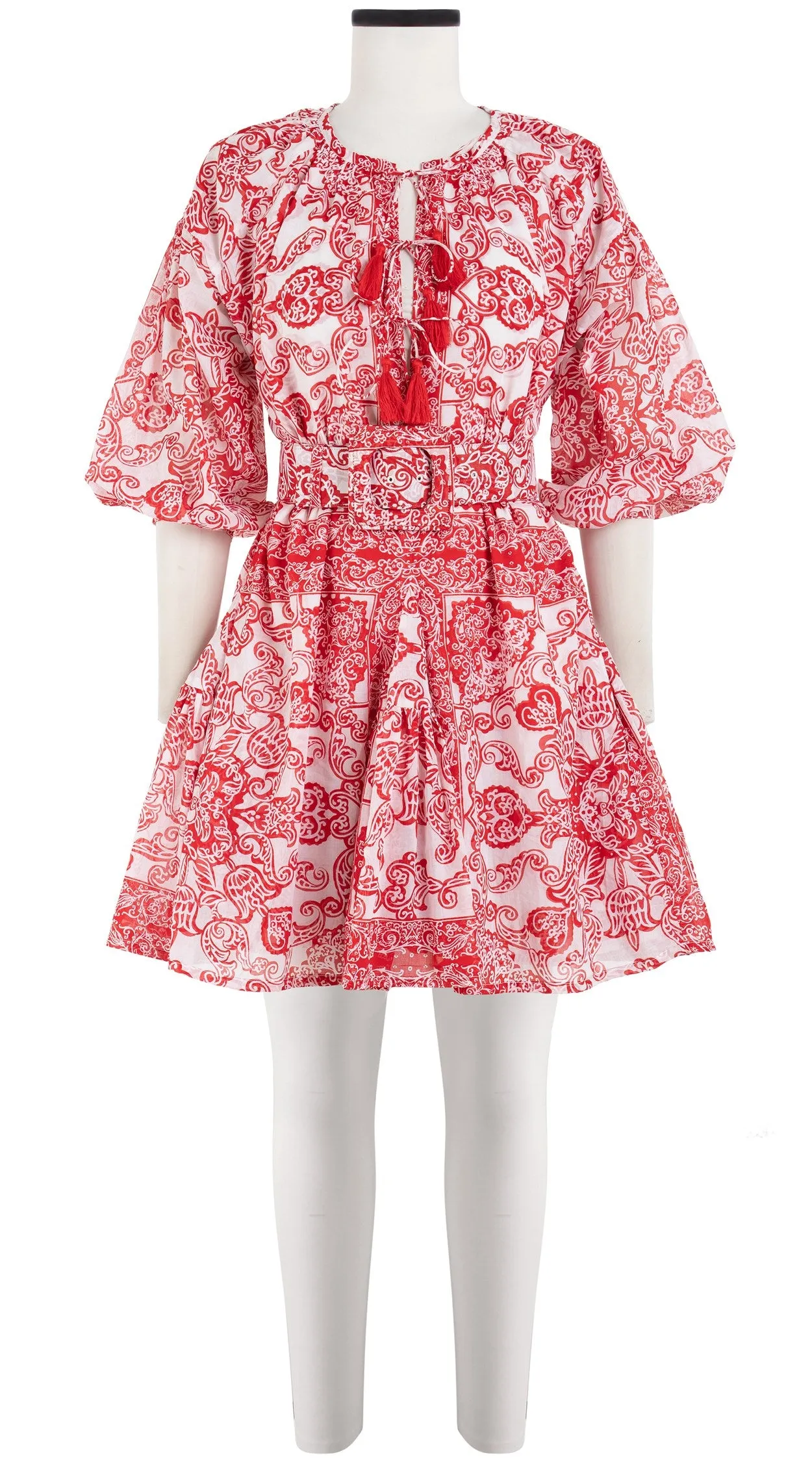 Birdy Dress Crew Neck 3/4 Sleeve with Hamilton Belt Mini Length Cotton Musola (Casanova Bandana)