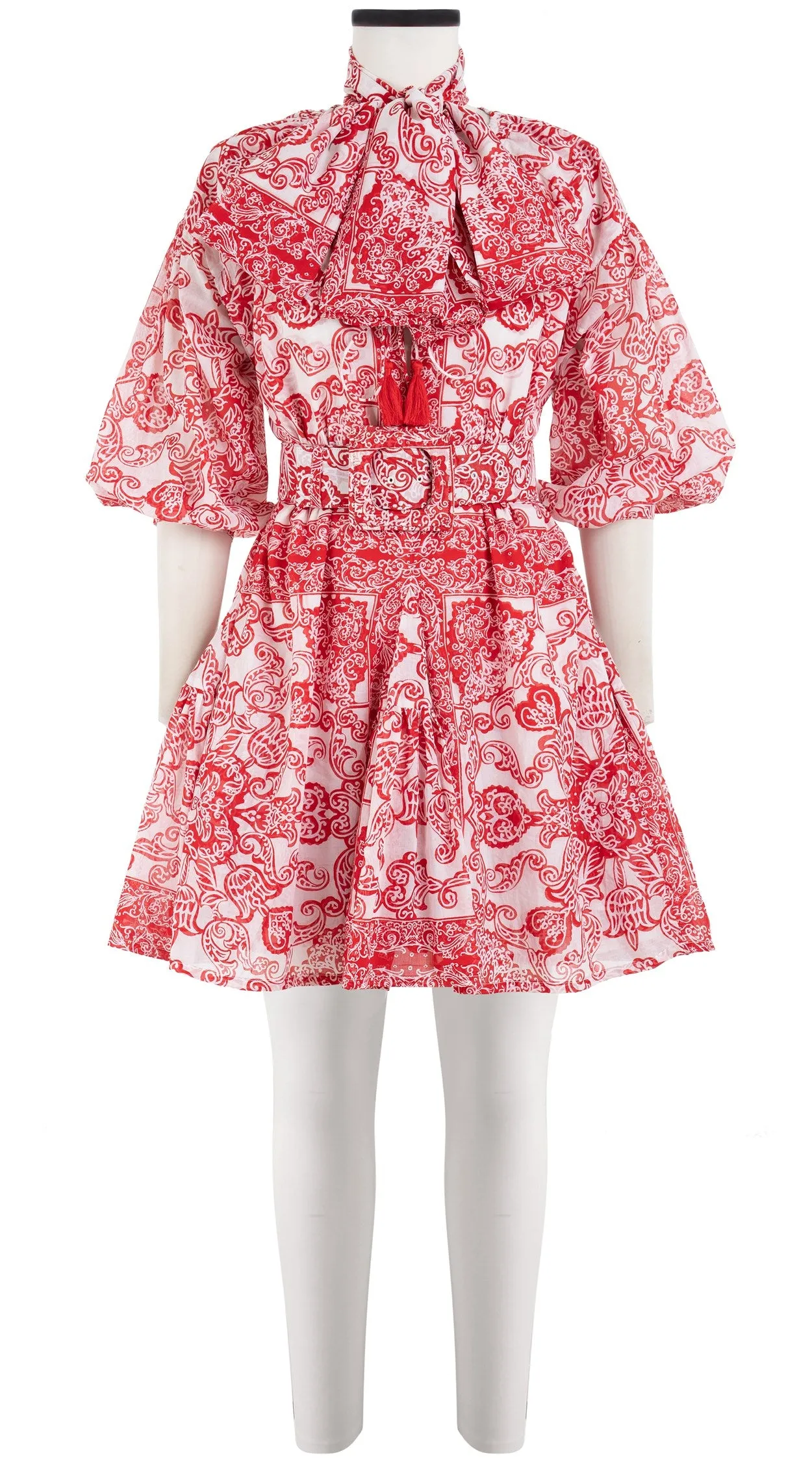 Birdy Dress Crew Neck 3/4 Sleeve with Hamilton Belt Mini Length Cotton Musola (Casanova Bandana)