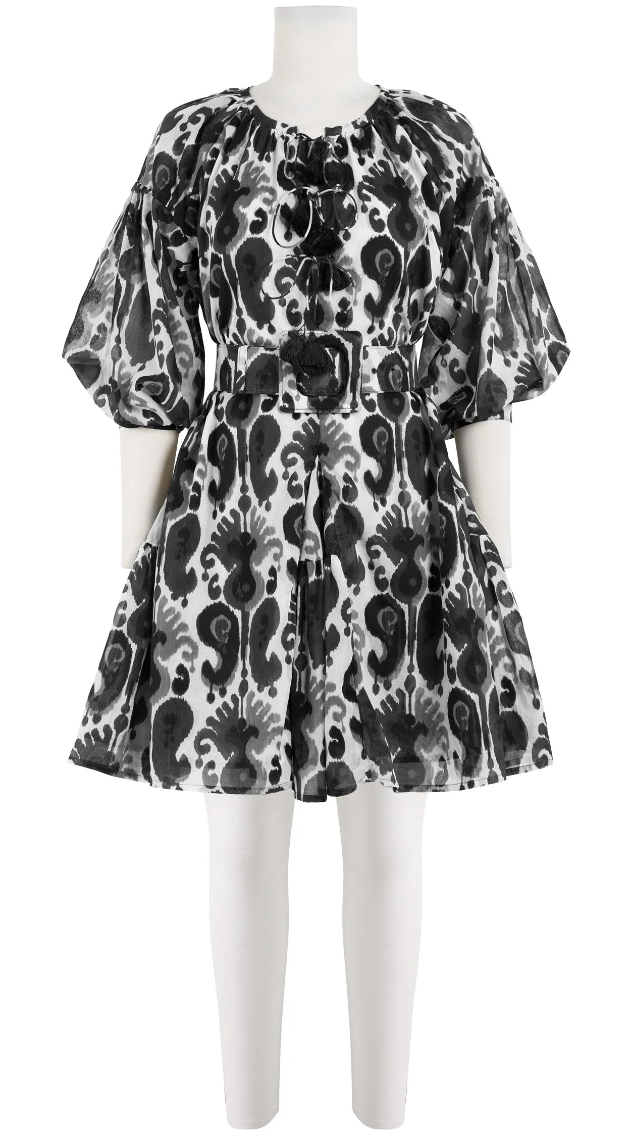 Birdy Dress Crew Neck 3/4 Sleeve with Hamilton Belt Mini Length Cotton Musola (Ikat Java)