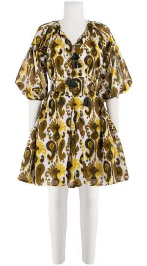 Birdy Dress Crew Neck 3/4 Sleeve with Hamilton Belt Mini Length Cotton Musola (Ikat Java)
