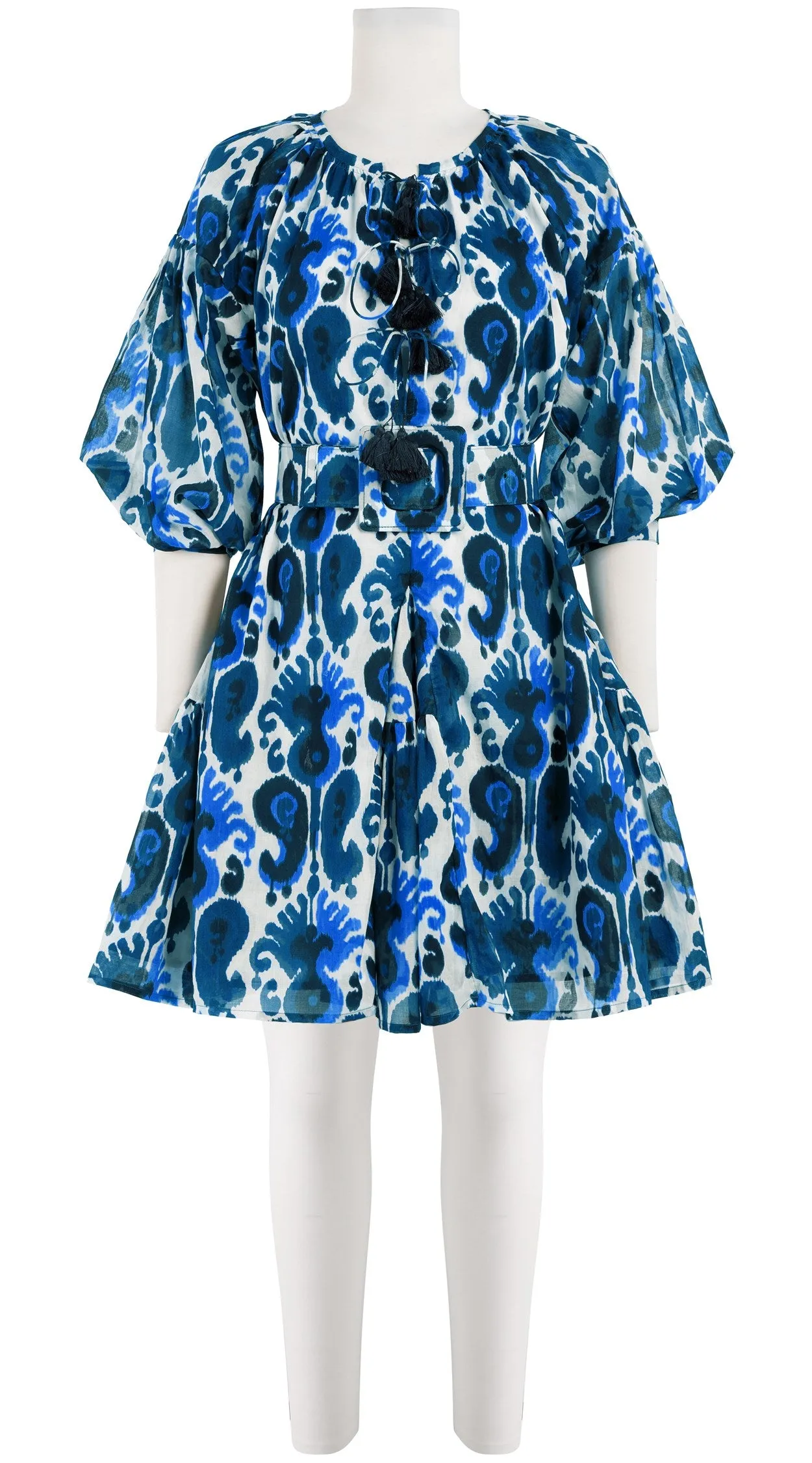 Birdy Dress Crew Neck 3/4 Sleeve with Hamilton Belt Mini Length Cotton Musola (Ikat Java)