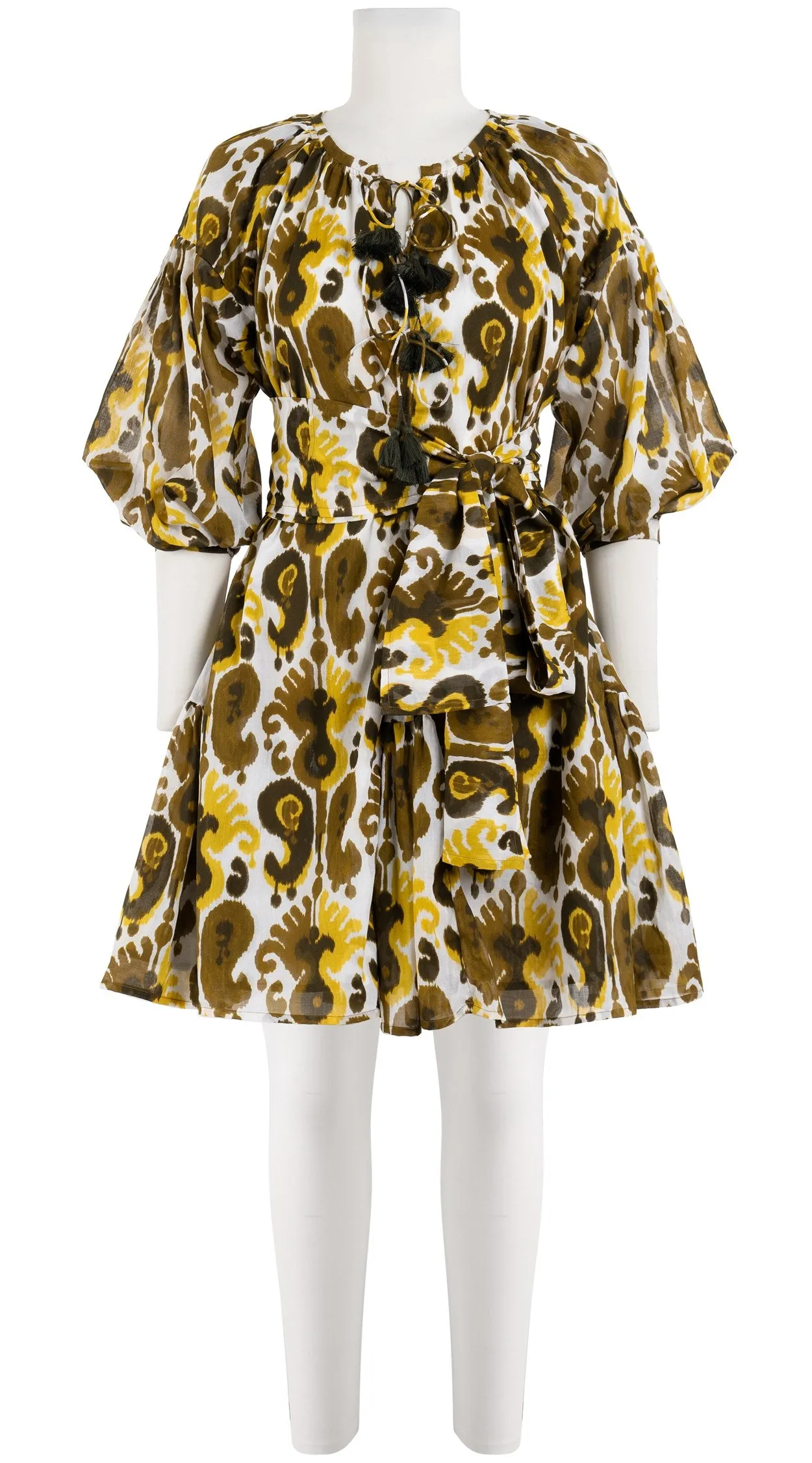 Birdy Dress Crew Neck 3/4 Sleeve with Hamilton Belt Mini Length Cotton Musola (Ikat Java)