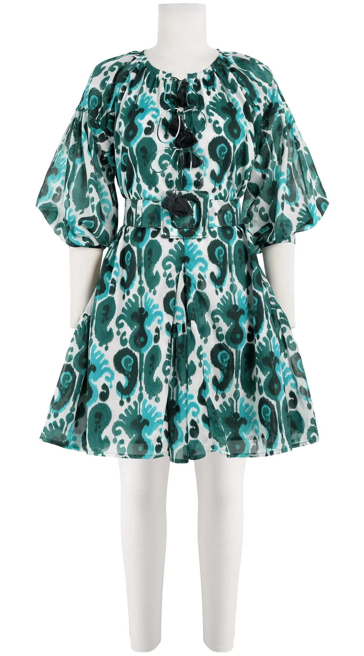 Birdy Dress Crew Neck 3/4 Sleeve with Hamilton Belt Mini Length Cotton Musola (Ikat Java)