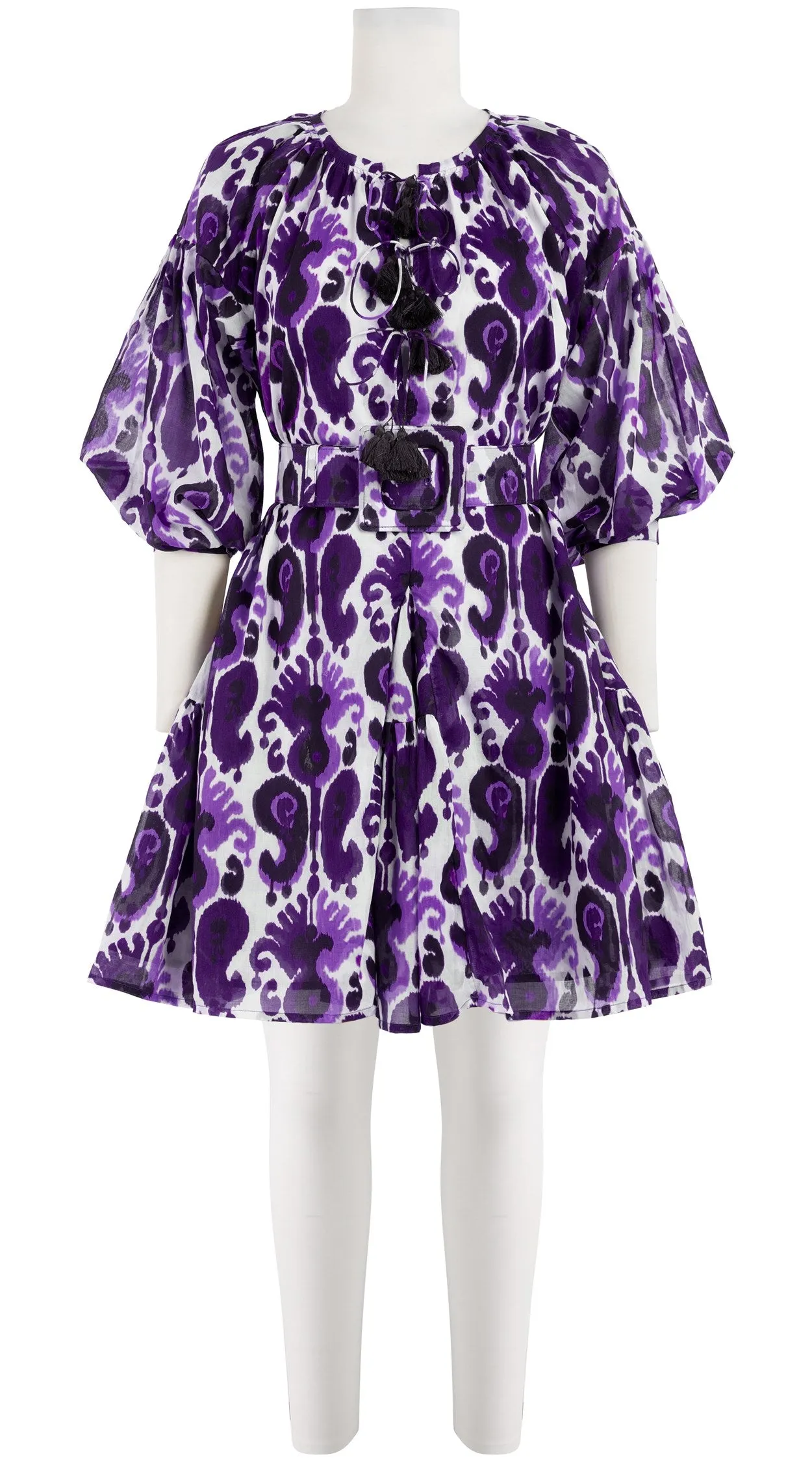 Birdy Dress Crew Neck 3/4 Sleeve with Hamilton Belt Mini Length Cotton Musola (Ikat Java)