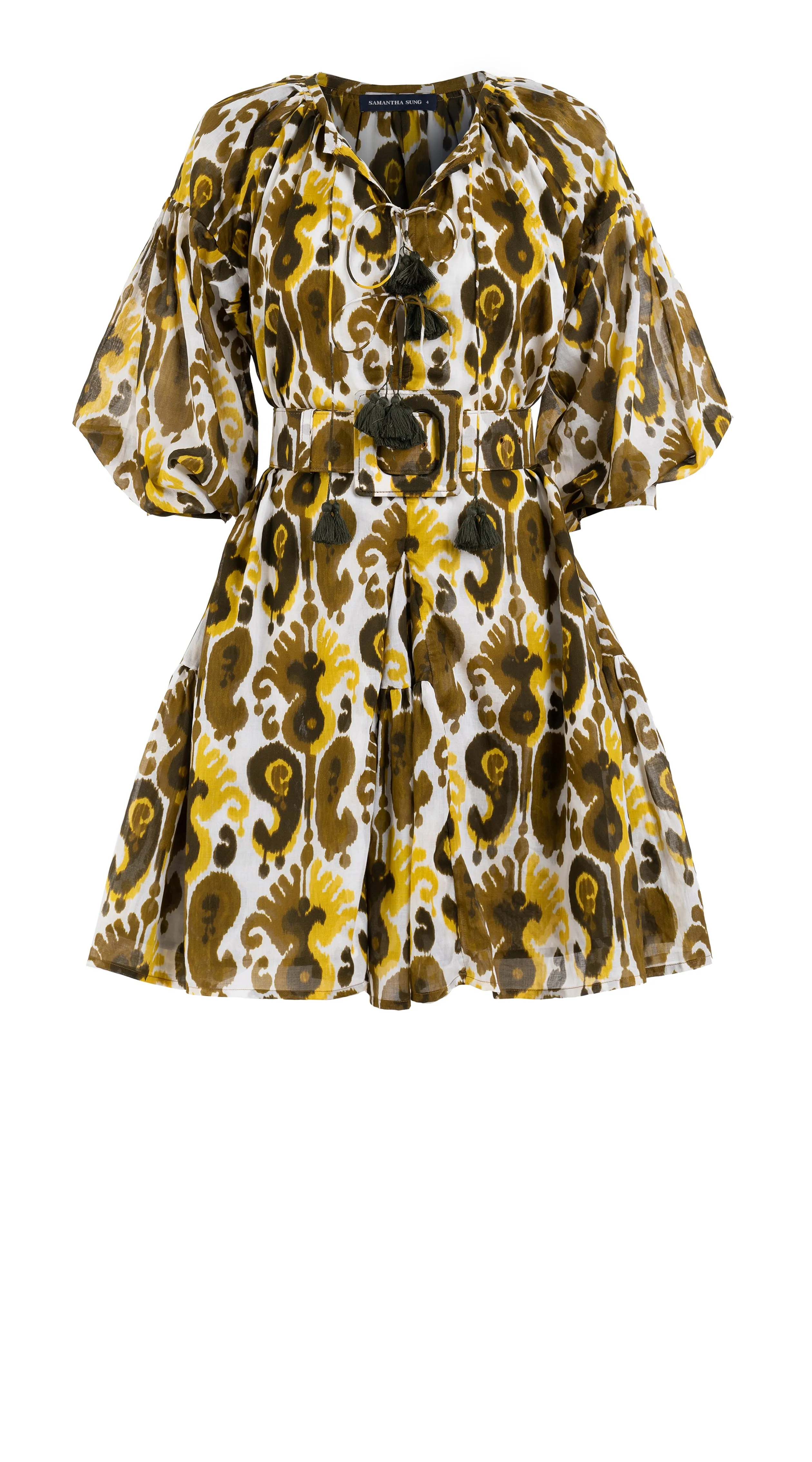 Birdy Dress Crew Neck 3/4 Sleeve with Hamilton Belt Mini Length Cotton Musola (Ikat Java)