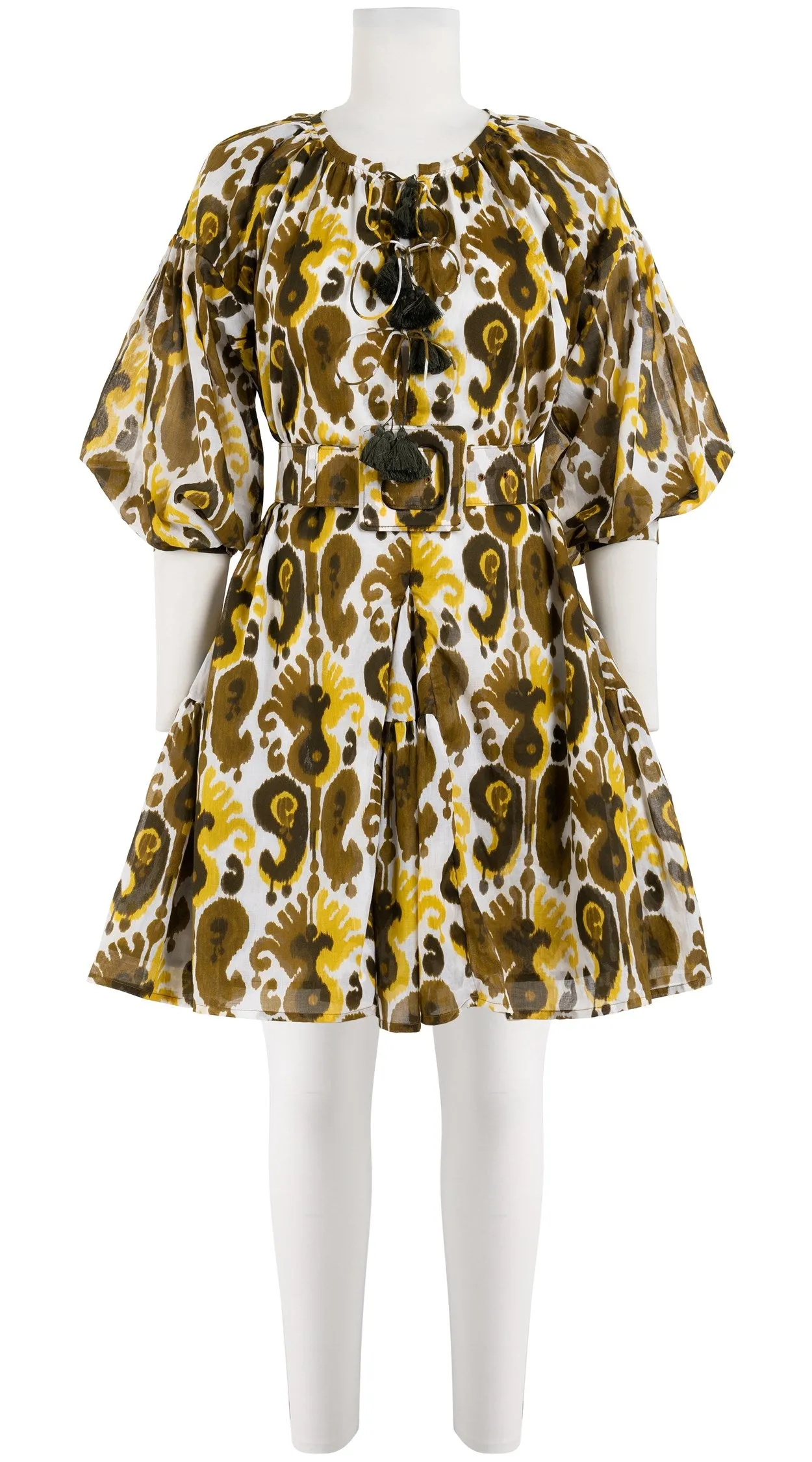 Birdy Dress Crew Neck 3/4 Sleeve with Hamilton Belt Mini Length Cotton Musola (Ikat Java)