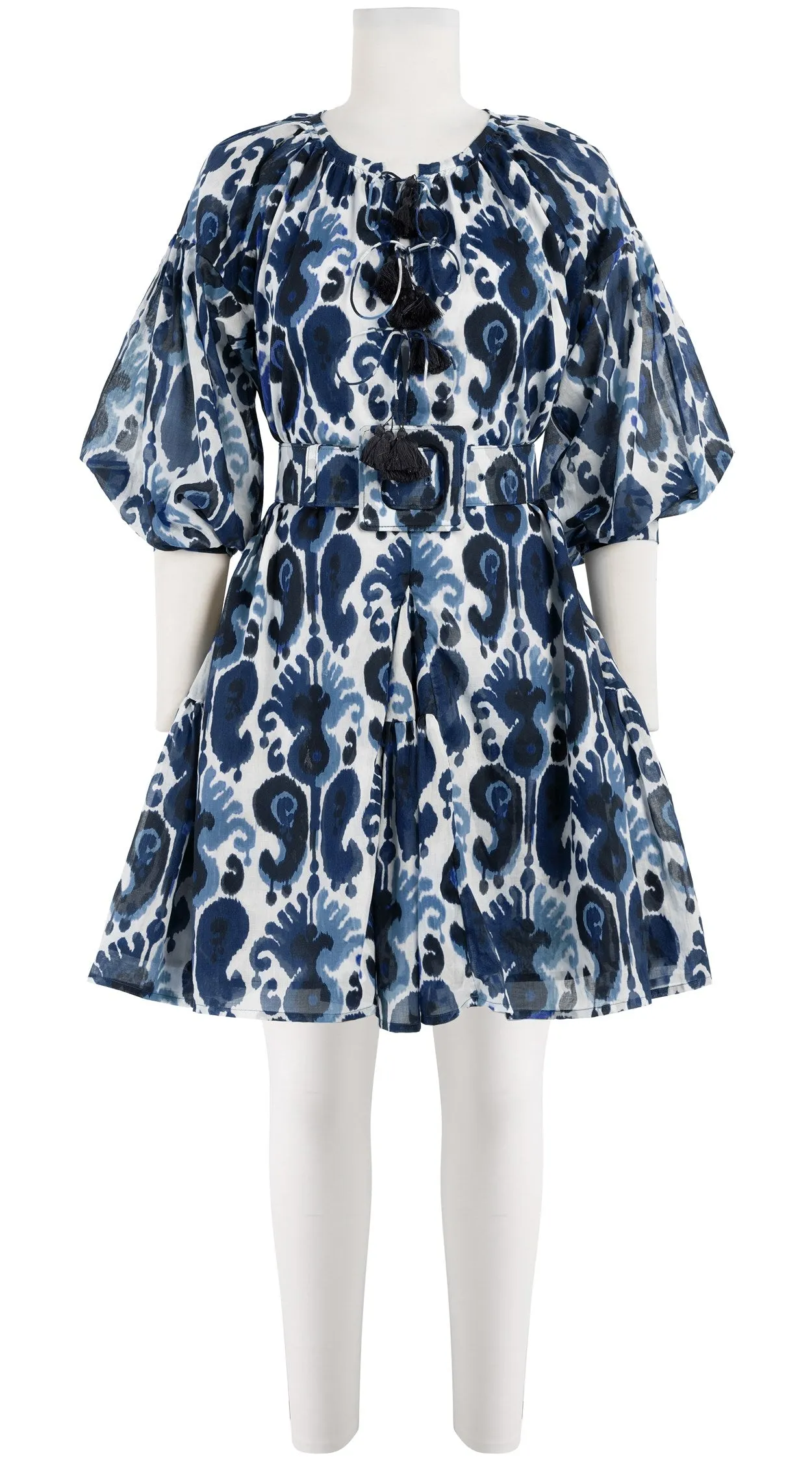Birdy Dress Crew Neck 3/4 Sleeve with Hamilton Belt Mini Length Cotton Musola (Ikat Java)