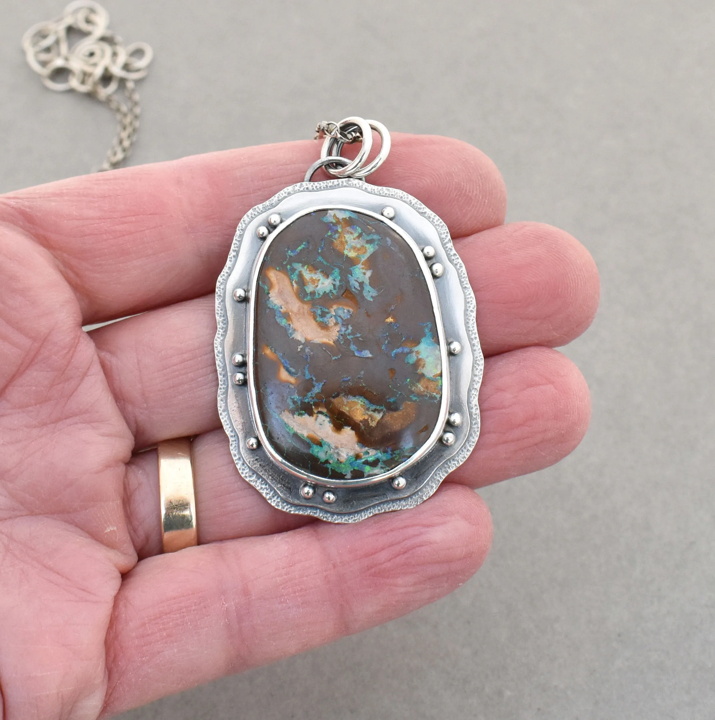 Boulder Opal Pendant. Layered Textured Bits of Light.