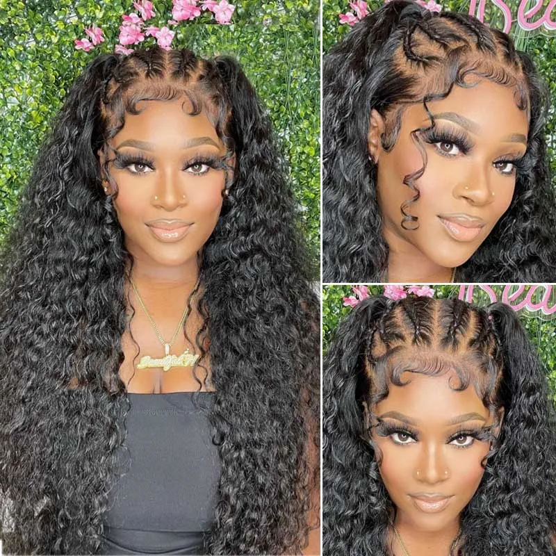Breathable Frontal Lace Wig Pre Plucked Deep Wave Human Hair Wig Natural Hairline