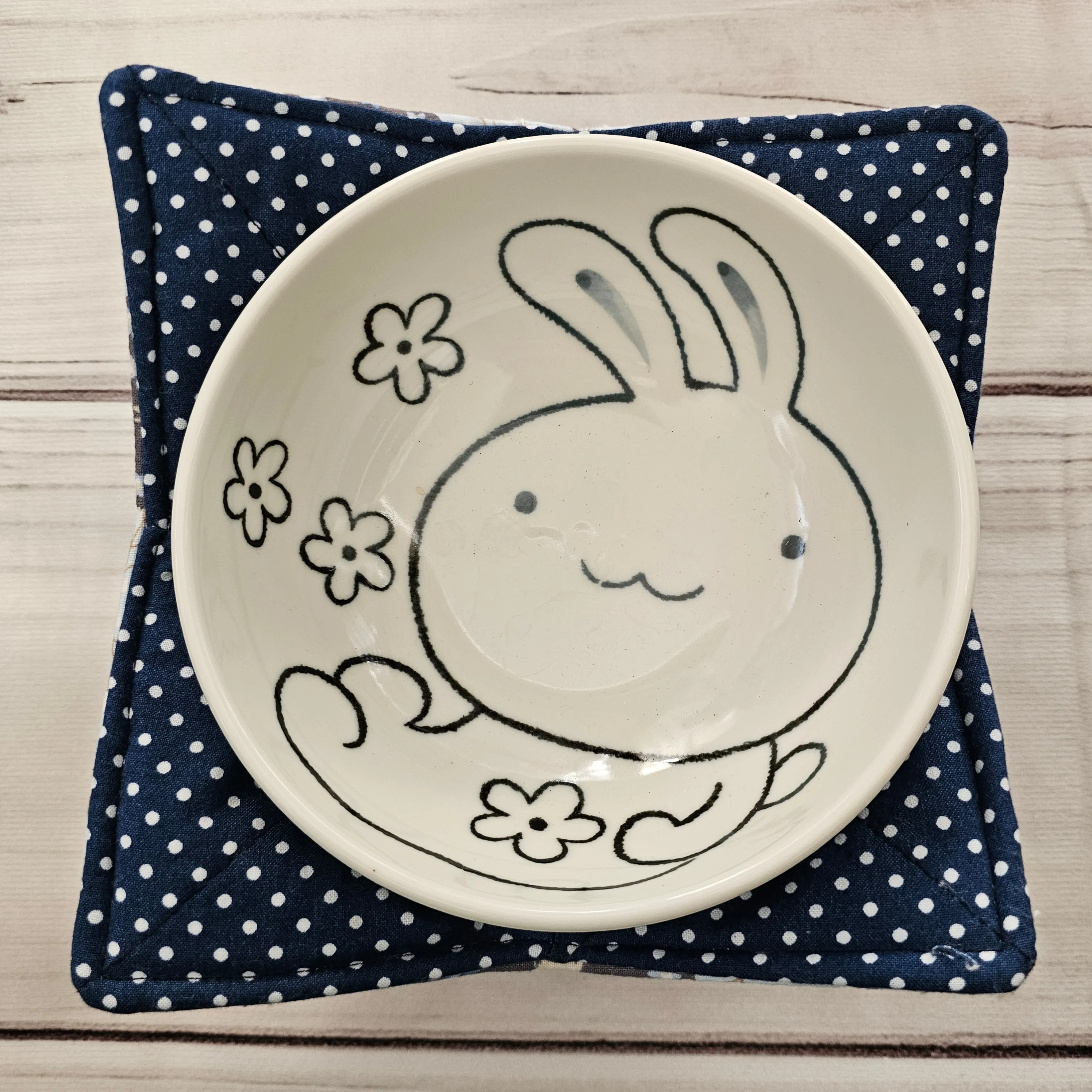 Bunnies on Doilies with Polka Dots - 100% Cotton Bowl Cozy