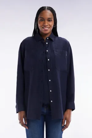 Chemise à poches plaquées en lin marine coupe oversized
