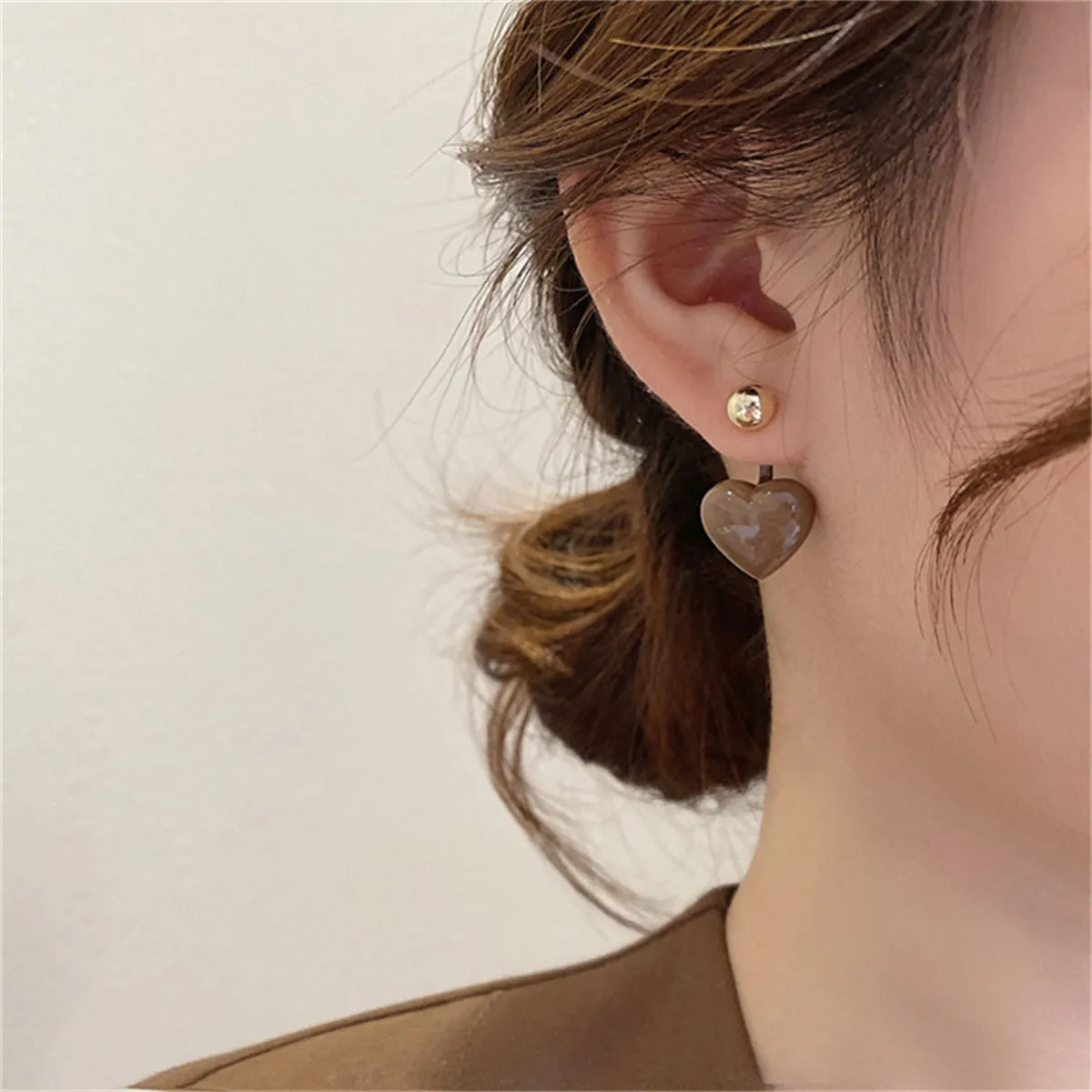 Coffee Enamel & 18K Gold-Plated Heart Ear Jackets