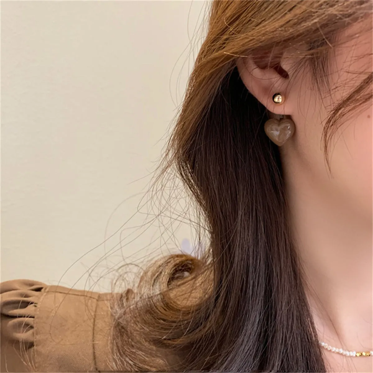 Coffee Enamel & 18K Gold-Plated Heart Ear Jackets