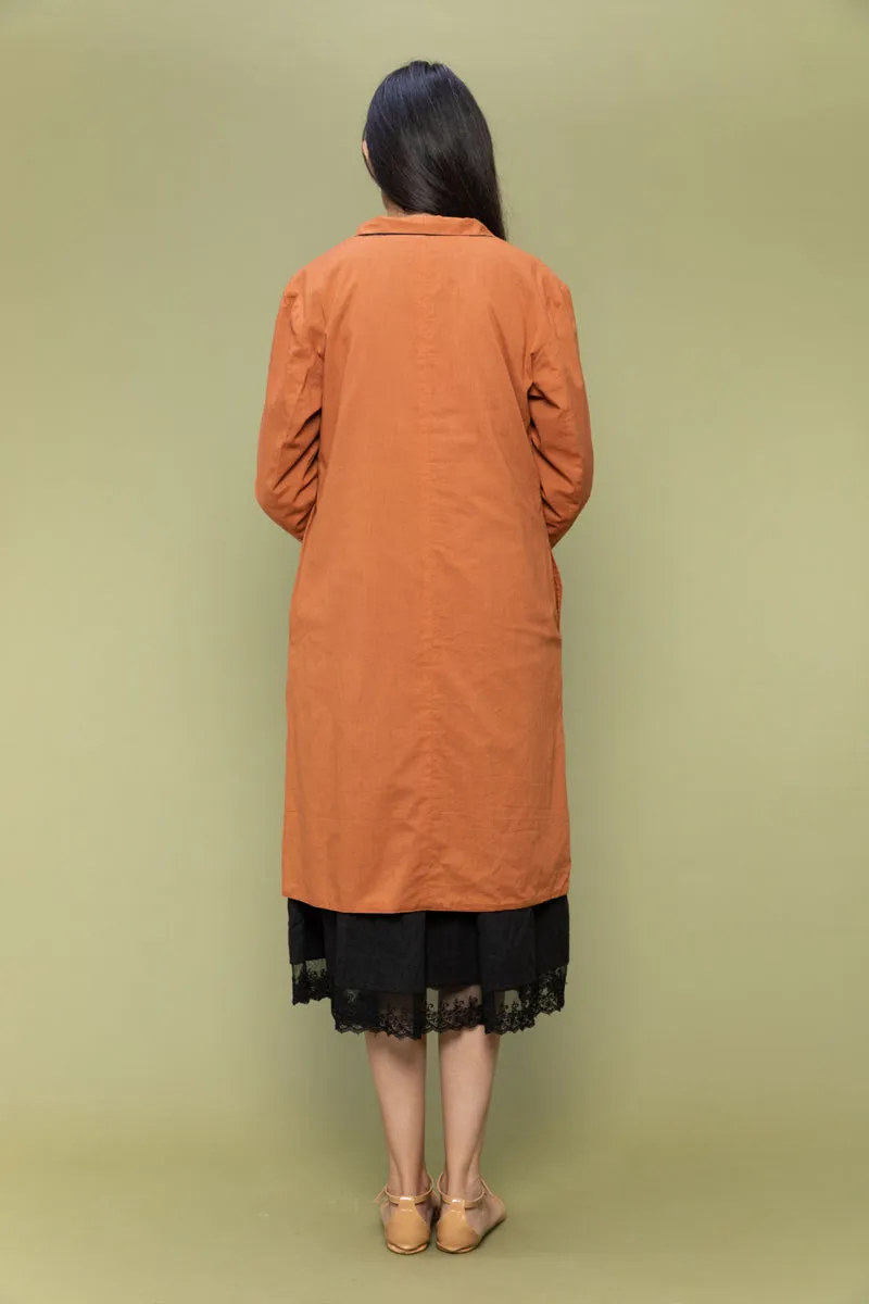 Coordinate Set- Black Textured Cotton Dress with Lace & Reversible Jacket in Terracotta Brown  (Set of 2))