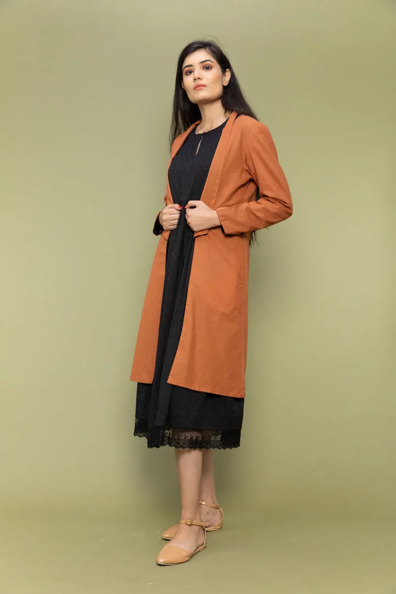 Coordinate Set- Black Textured Cotton Dress with Lace & Reversible Jacket in Terracotta Brown  (Set of 2))