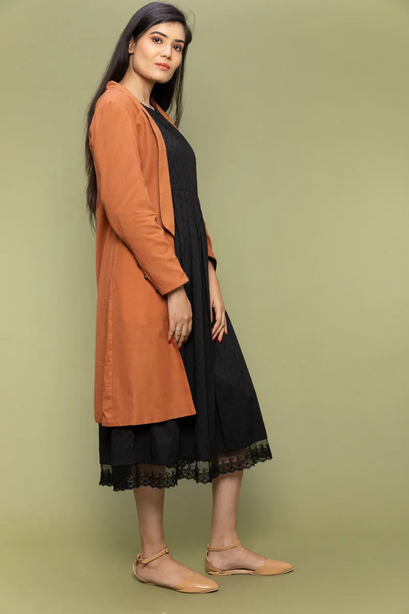 Coordinate Set- Black Textured Cotton Dress with Lace & Reversible Jacket in Terracotta Brown  (Set of 2))