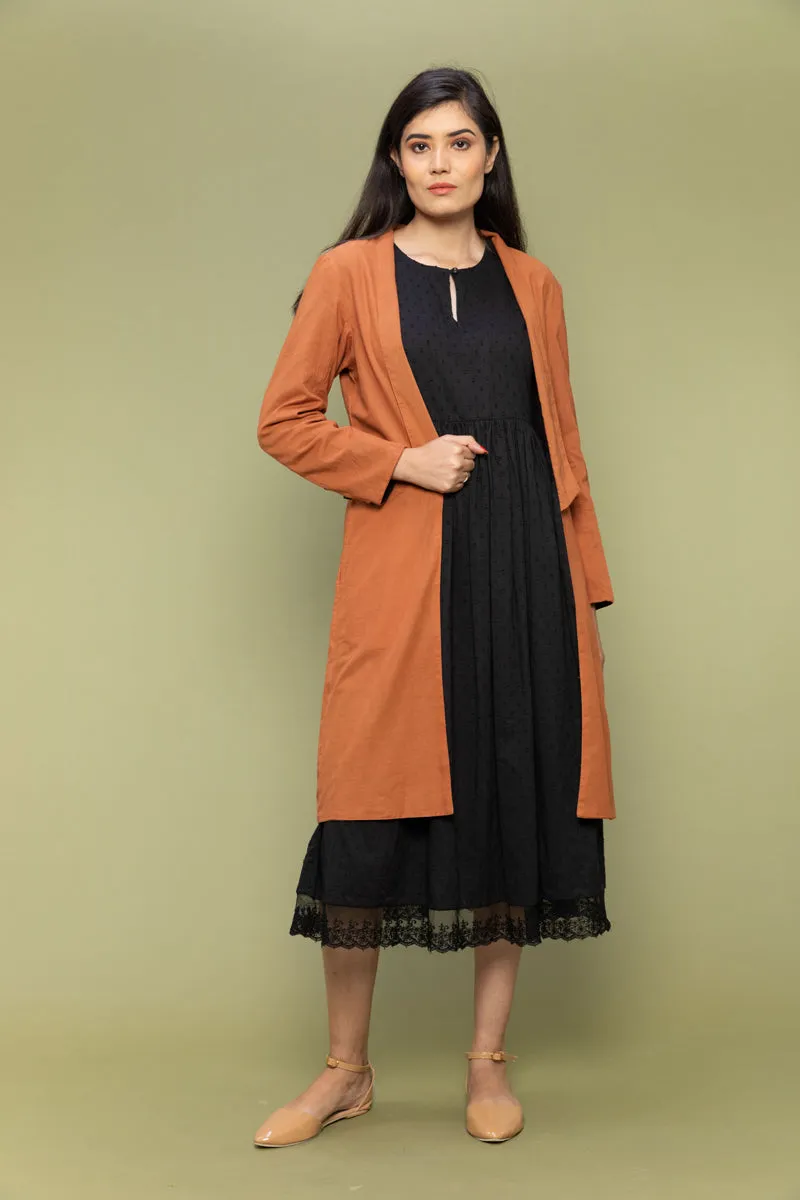 Coordinate Set- Black Textured Cotton Dress with Lace & Reversible Jacket in Terracotta Brown  (Set of 2))