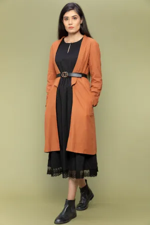 Coordinate Set- Black Textured Cotton Dress with Lace & Reversible Jacket in Terracotta Brown  (Set of 2))