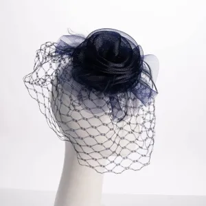 Crinoline Flower Veil Feather Hair Comb: Navy