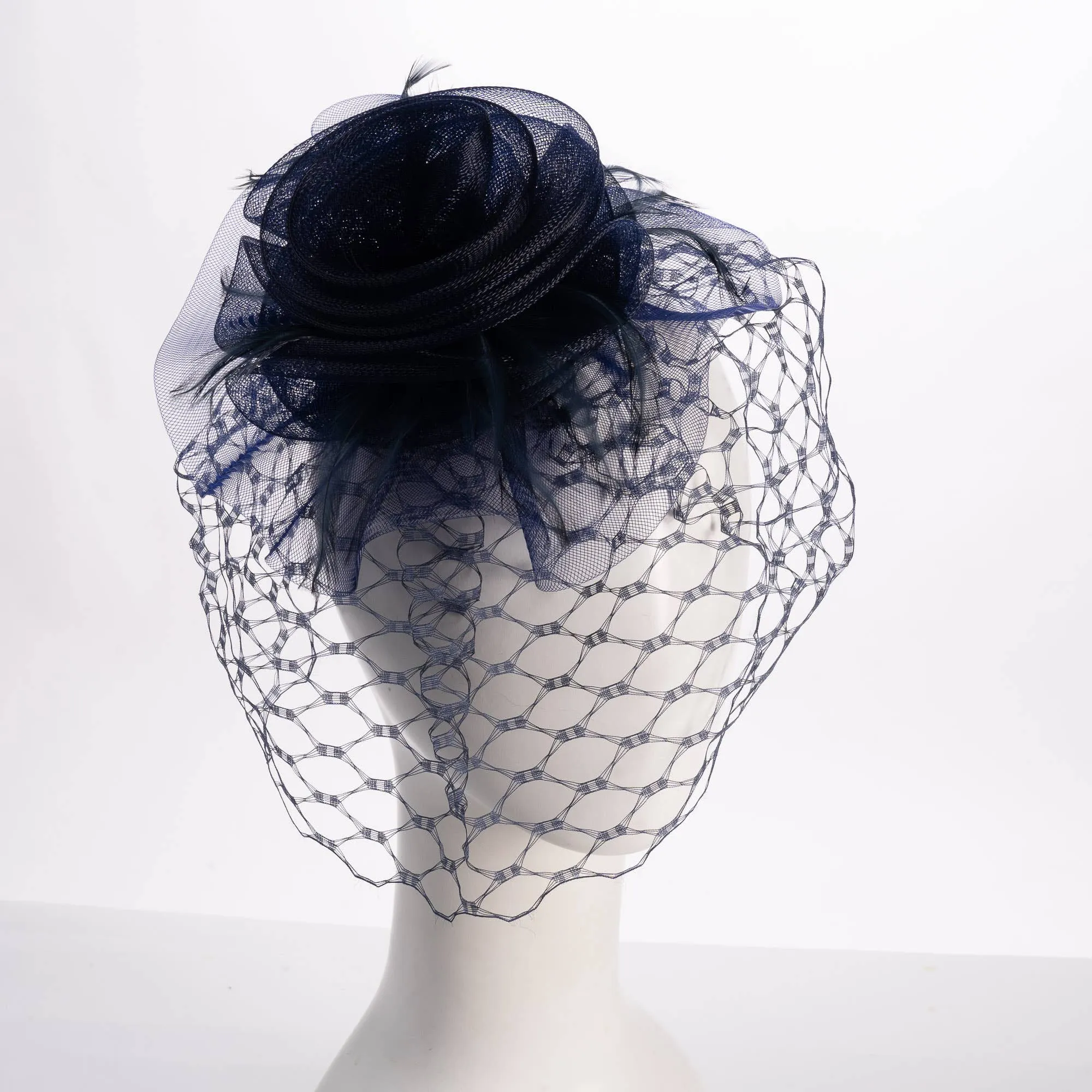 Crinoline Flower Veil Feather Hair Comb: Navy