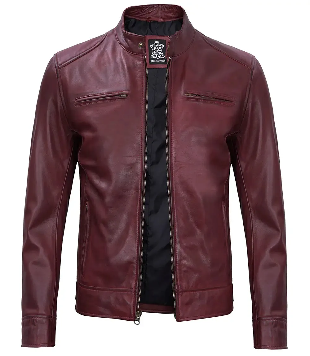 Dodge Men's Maroon Cafe Racer Leather Jacket